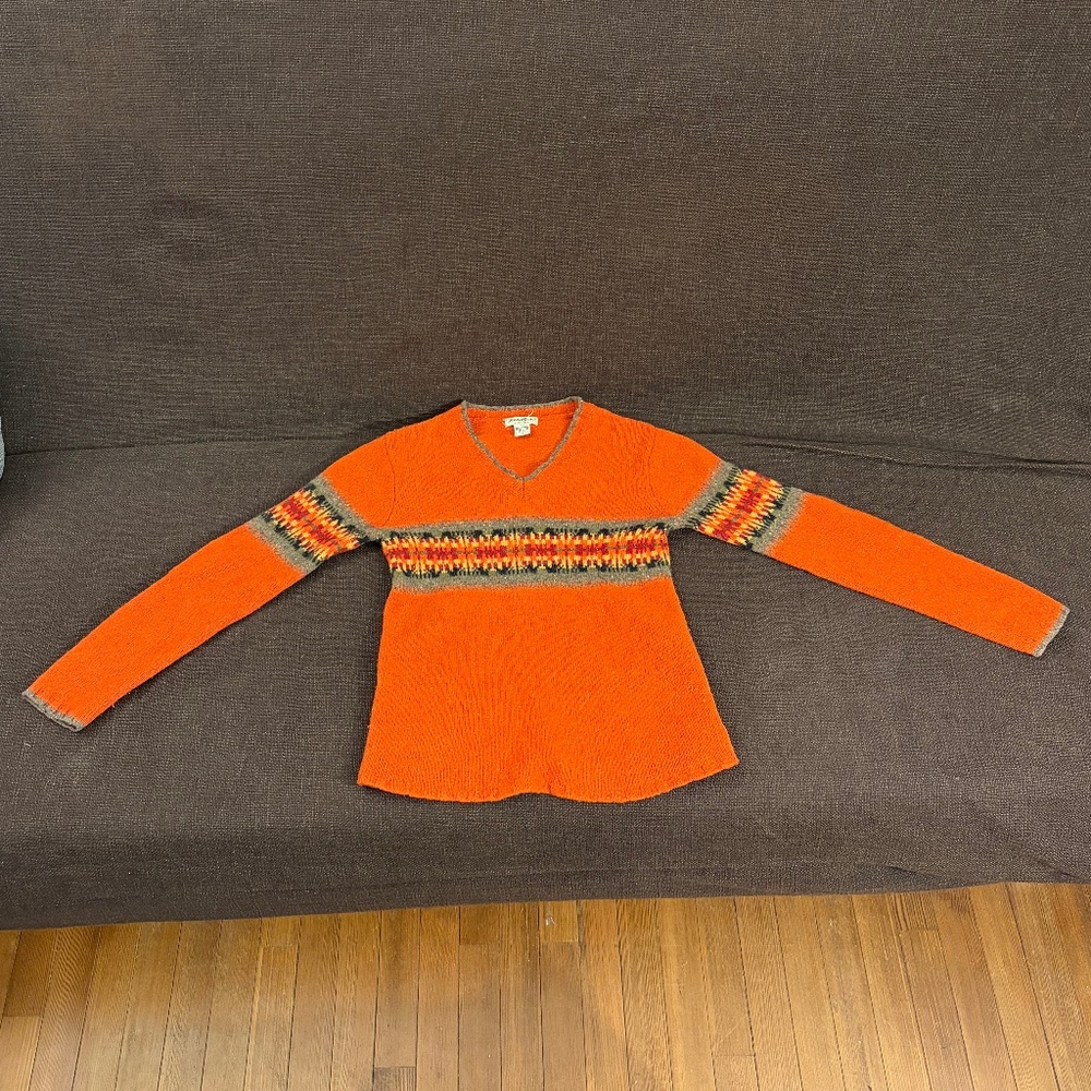 Eddie Bauer Vintage 100% Lambswool Wool Sweater Patterned Orange Petite S XS
